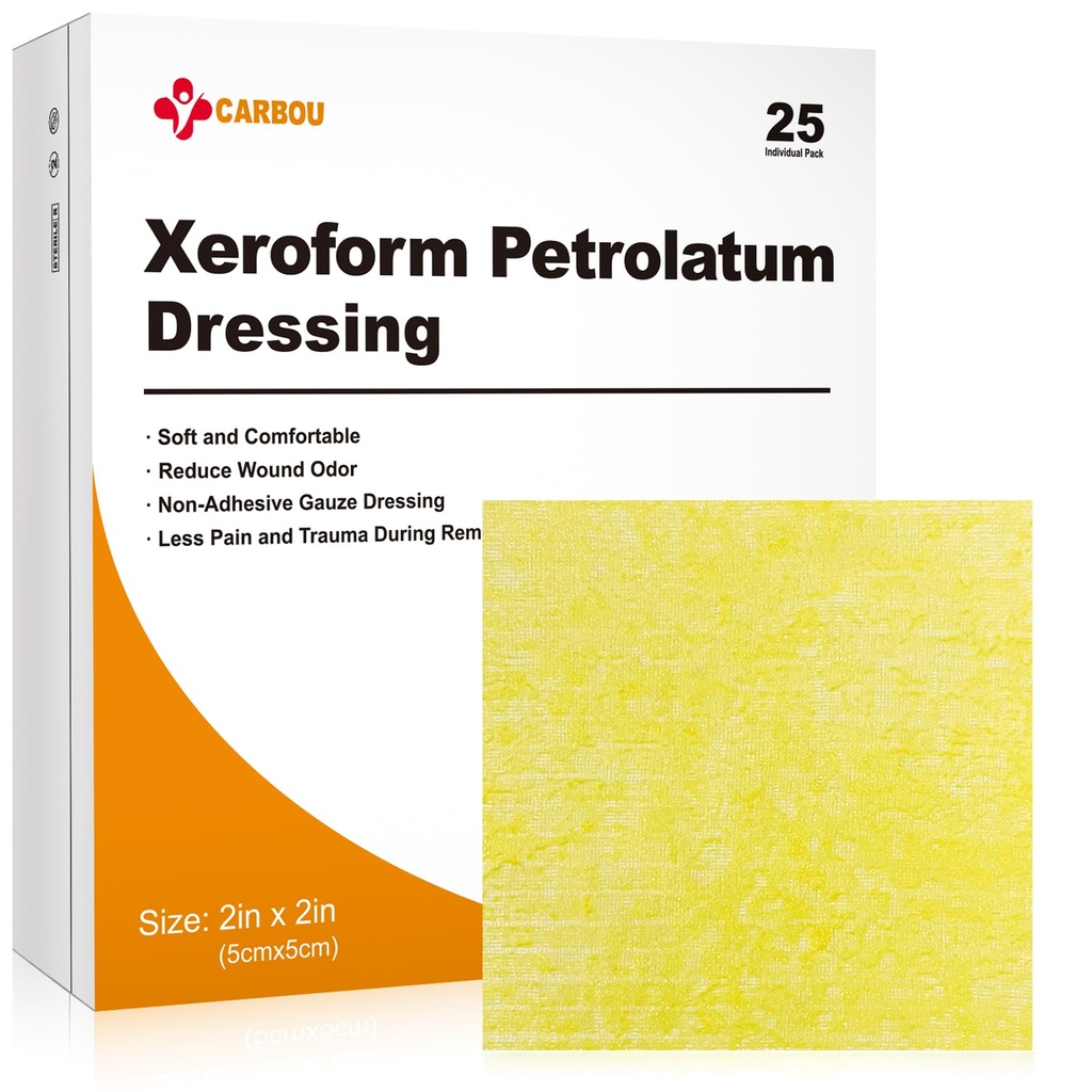 Carbou Medical Xeroform Petrolatum Dressing 2 "x2", 25 Individual Pack, Non-Adherent Gauze Pads, Soft Fine Mesh Gauze Patch för Wound Care, Burns, Lacerations, Skin Grafts & Surgical Incisioner