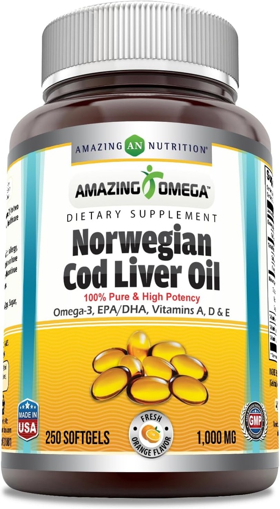 Hämmästyttävä Omega Norwegian Cod Maksaöljy 1000 Mg Softgels Supplement Omega-3, EPA, DHA, A-vitamiini, D & E-vitamiini (Orange 250 Count)
