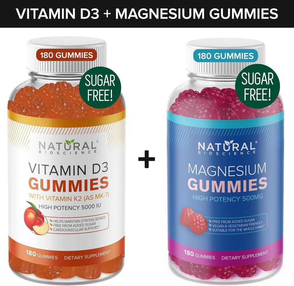 Sokeriton D3-vitamiini K2 -gummit (180 Gummia) ja sokeriton Extra vahvuus Magnesiumakut (180 Gummia), D3-vitamiinia 5000 IU+K2 MK7 80 mikrog, magnesiumsilikaattigummit 500 mg