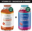 Sokeriton D3-vitamiini K2 -gummit (180 Gummia) ja sokeriton Extra vahvuus Magnesiumakut (180 Gummia), D3-vitamiinia 5000 IU+K2 MK7 80 mikrog, magnesiumsilikaattigummit 500 mg