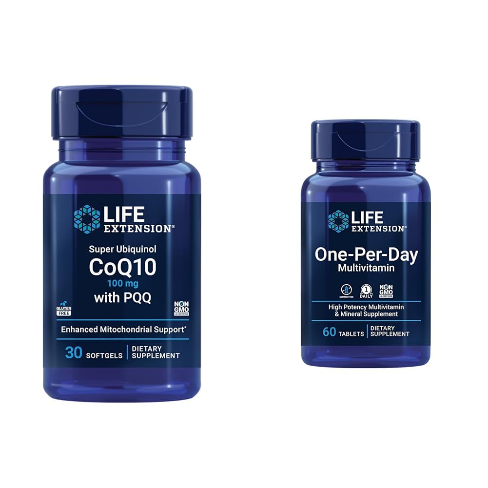 Life Extension Super Ubiquinol CoQ10, jossa on PQQ, CoQ10, PQQ, shilajit, Heart Health & One-Per-Day Multivitamiinia.