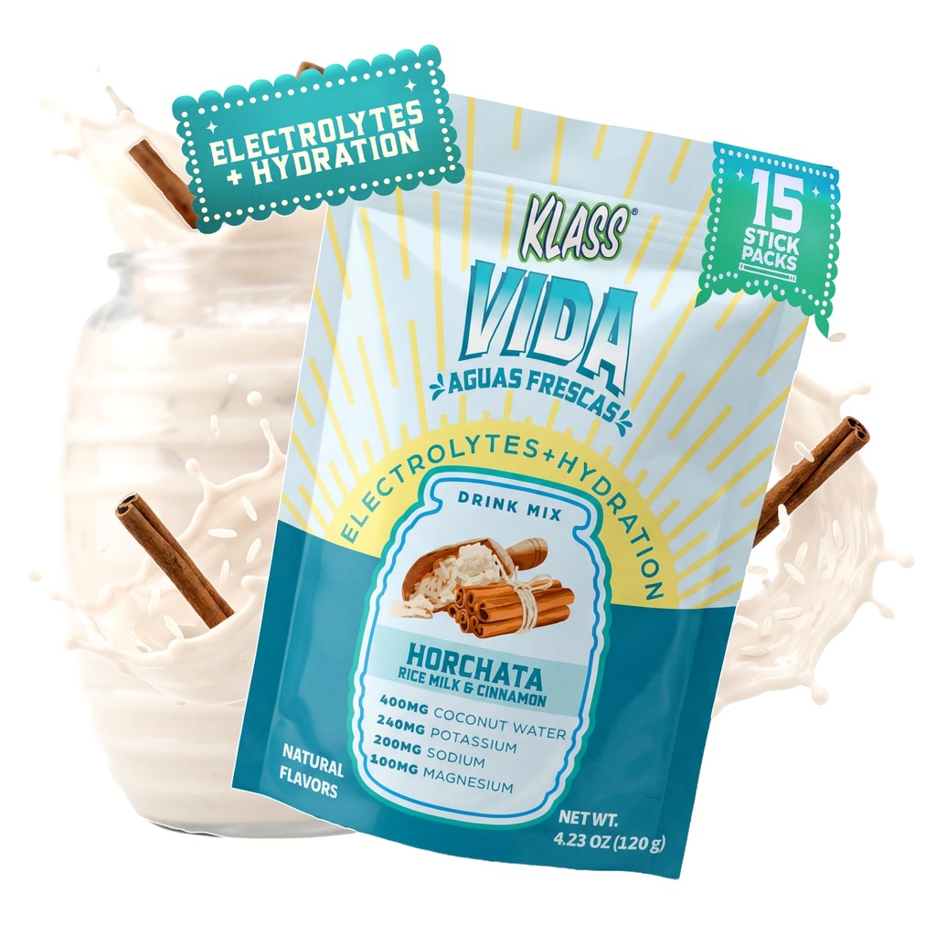 KLASS VIDA Electrolyte Drink Mix - Horchata Agua Fresca Flavor | Sugar-Free Hydration Powder med Coconut Water & Minerals | 15 Single-Serve Stick Packs i Resealable Pouch, Låg Kalori