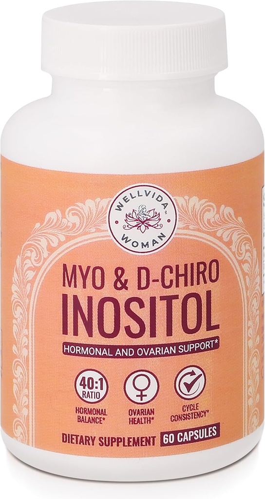 Myo-Inositol & D-Chiro Inositol Supplement Bottle (60 Capsules) 40:1 Ratio Capsule för Ovarian Support Myo-Inositol 1000mg & D-Chiro 25mg Inositol Capsules w / Caronositol - Daglig Inositol för kvinnor