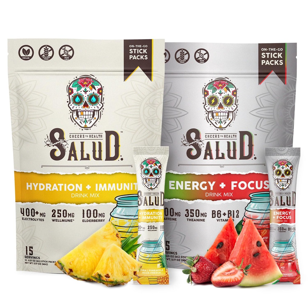 Salud 2-Pack | 2-i-1 Hydration + Immunity (Pineapple) & Energy + Focus (Strawberry Watermelon) - 15 portioner var och en, Agua Fresca Drink Mix, Non-GMO, Gluten Free, Vegan, Low Calorie, 1g Sugar