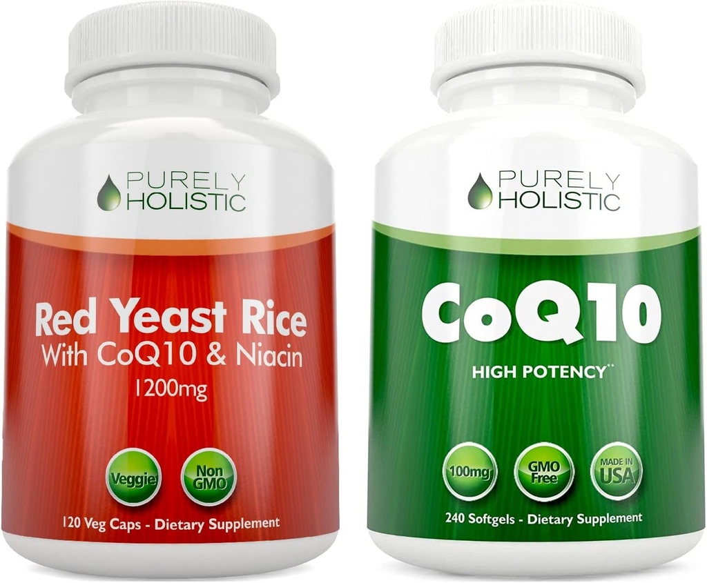 Puhdasta punaista riisiä 1200mg & Niacin + CoQ10 100mg - 120 kapselia & 240 Softgels Bundle - valmistettu Yhdysvalloissa