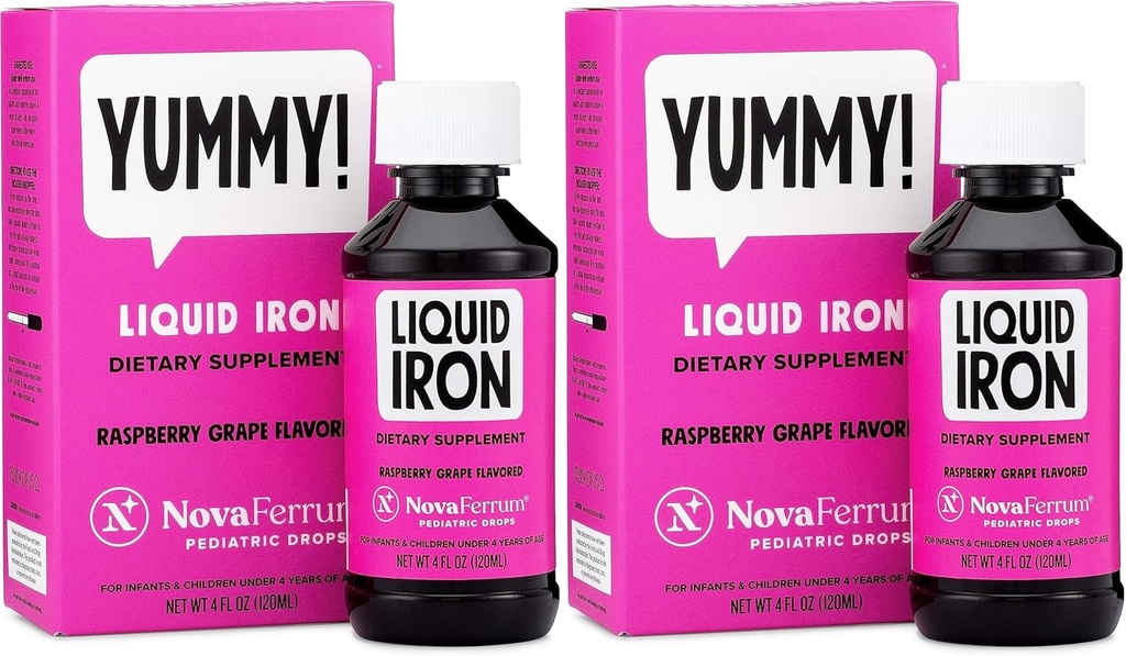 NovaFerrum Pediatric Drops Liquid Iron Supplement for Infants and Toddlers 4 fl oz (120 ml) - Vadelma Rypäle-pakkaus 2