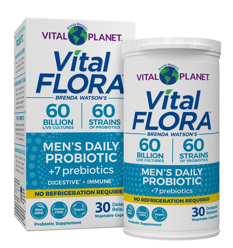 Vital Planet - Vital Flora Probiotics for Men, 60 Billion CFU, 60 Diverse Strains, 7 Organiska Prebiotika, Mäns Daily Shelf Stable Probiotic för Immune Support, Gas Relief, Digestive Health 30 Capsules
