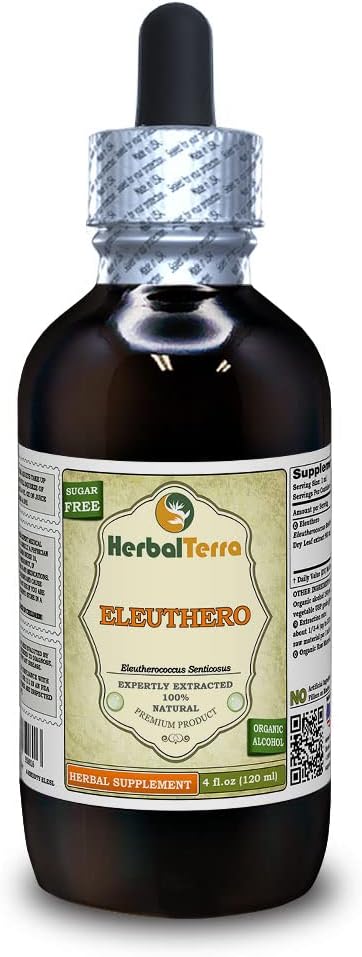 Eleuthero (Eleutherococcus Senticosus) Tincture, Kuivatut lehdet Liquid Extract (Brand Name: HerbalTerra, Proudly Made in USA) 4 fl.oz (120 ml)