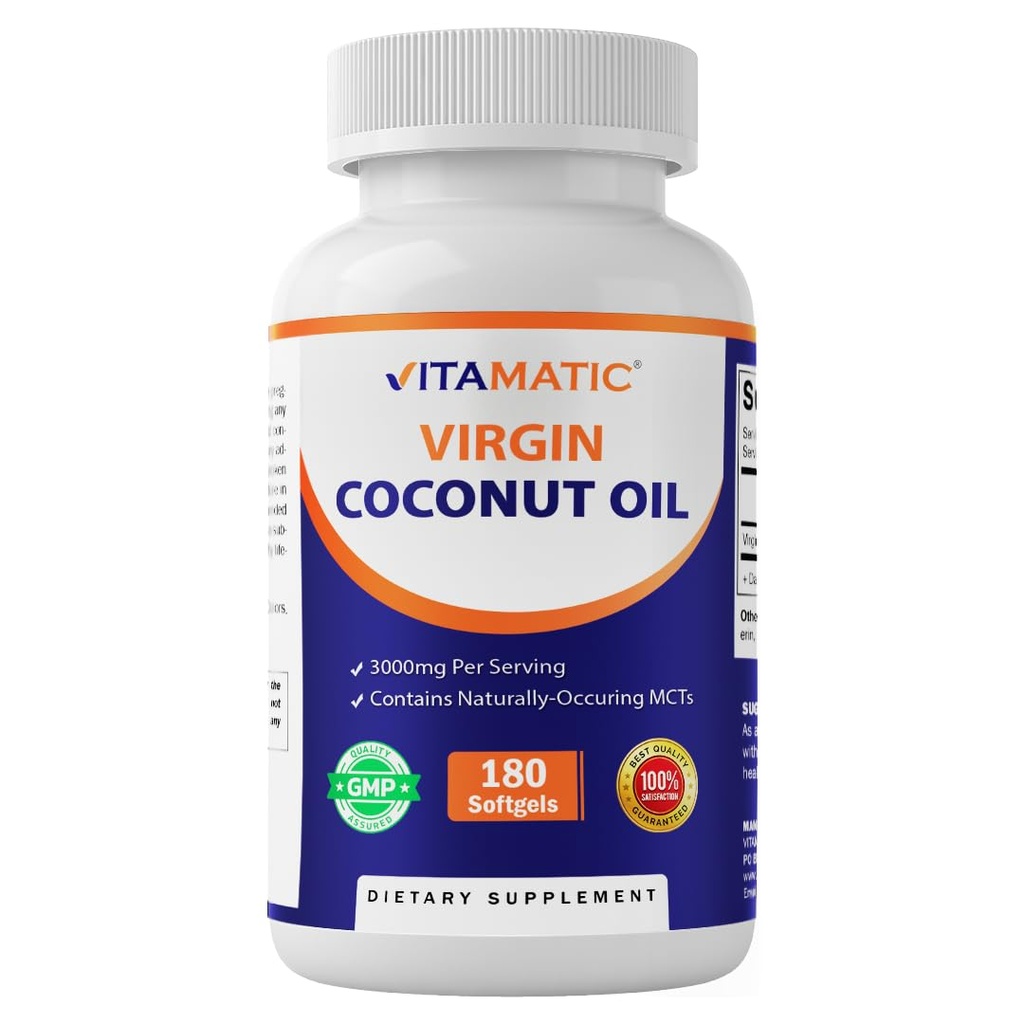 Vitamatic Virgin Coconut Oil Softgels, 3000 mg per Serving, 60 tarjoilua, 180 gluteeniton, ei-GMO
