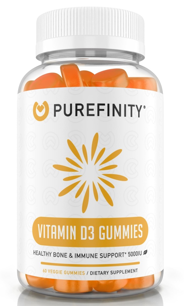 PUREFINITY-vitamiini D3 5000 iu Gummies ... Päivittäinen D-vitamiini täydentää luun terveyttä, immuuni terveyttä, ja nivelten lihasten tuki aikuisille ja lapsille... Gluteeniton, ei-GMO 60 kasvis Gummies