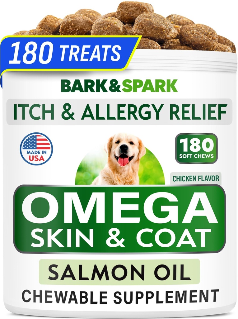 BARK&SPARK Omega 3 koirille - 180 Fish Oil Treats for Dog Sheddding, Skin Allergia Chews, kutina, Hot Spots hoito - Joint Health - ihon ja turkin täydentää - EPA & DHA rasvahapot - Lohiöljy