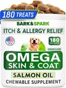BARK&SPARK Omega 3 koirille - 180 Fish Oil Treats for Dog Sheddding, Skin Allergia Chews, kutina, Hot Spots hoito - Joint Health - ihon ja turkin täydentää - EPA & DHA rasvahapot - Lohiöljy