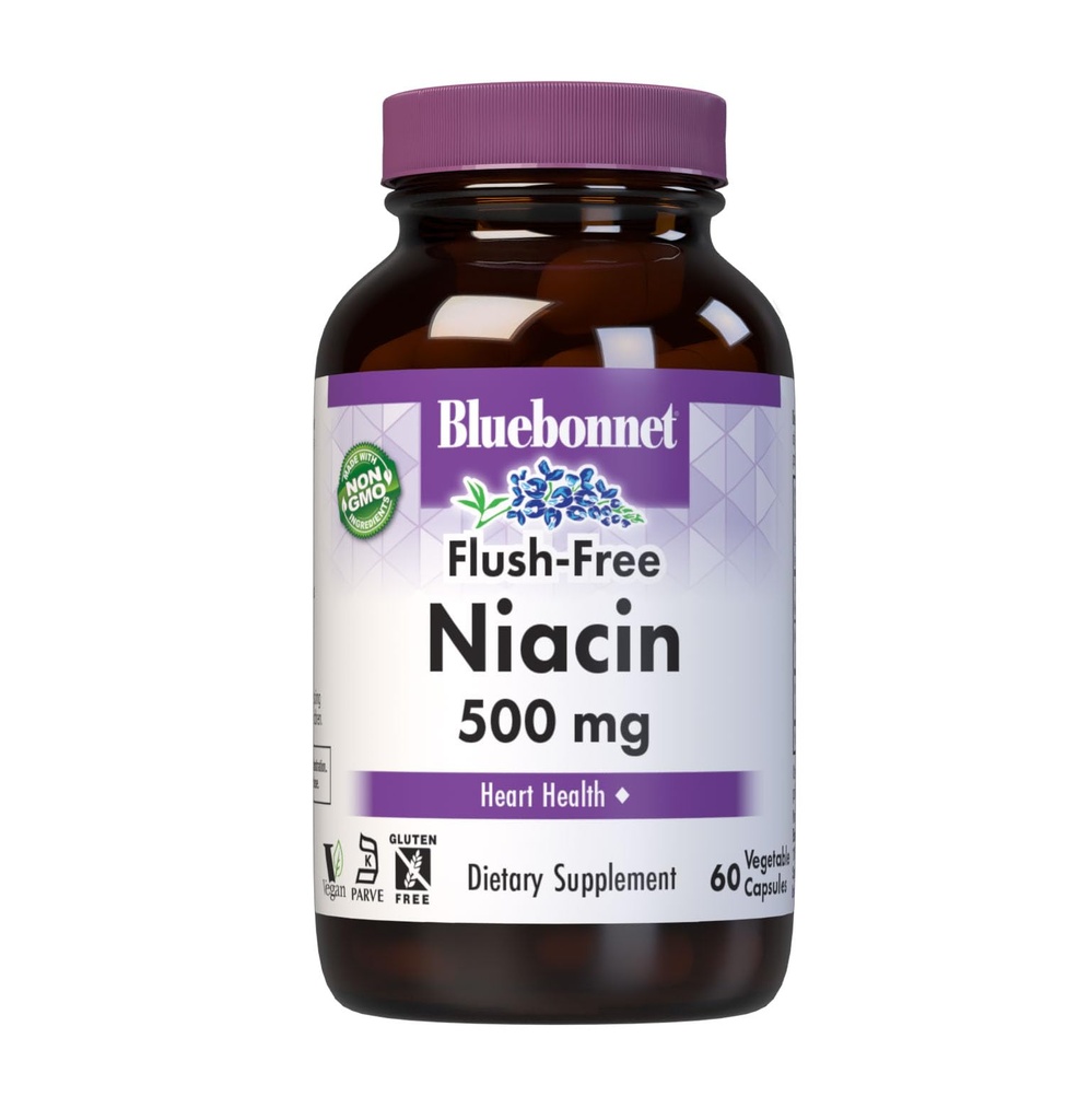 Bluebonnet Nutrition Flush- Free Niacin 500 mg, ravitsemukseen tarkoitetut kardiovaskulaariset tukiaineet*, soijattomat, gluteeniton, ei-GMO:t, Kosher Certified, Dairy-free, Vegan, 60 Vihanneskapselit, 60 tarjoilua