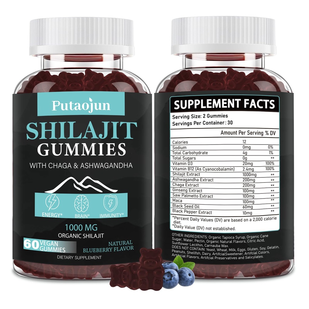 Shilajit for Man, Woman & Kid.Hilayan Gold Shilajit Gummies.1000mg Shilajit,200mg Ashwagandha,200mg Chaga,100mg Ginseng,100mg Saw Palmatto,60mg Musta siemenöljy