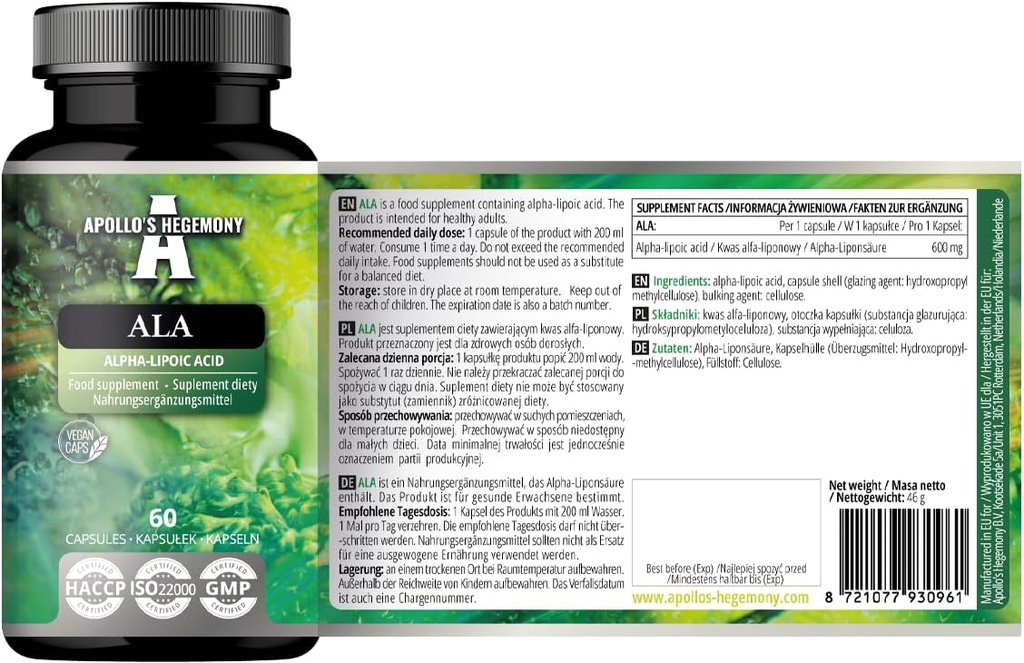 APOLLO's HEGEMONY ALA (Alpha Lipoic Acid) 600 mg - 60 Vegaanikapselit - Optimoi glukoosin hallinta - Tukee Mitokondrioterveys - Kahden kuukauden toimitus