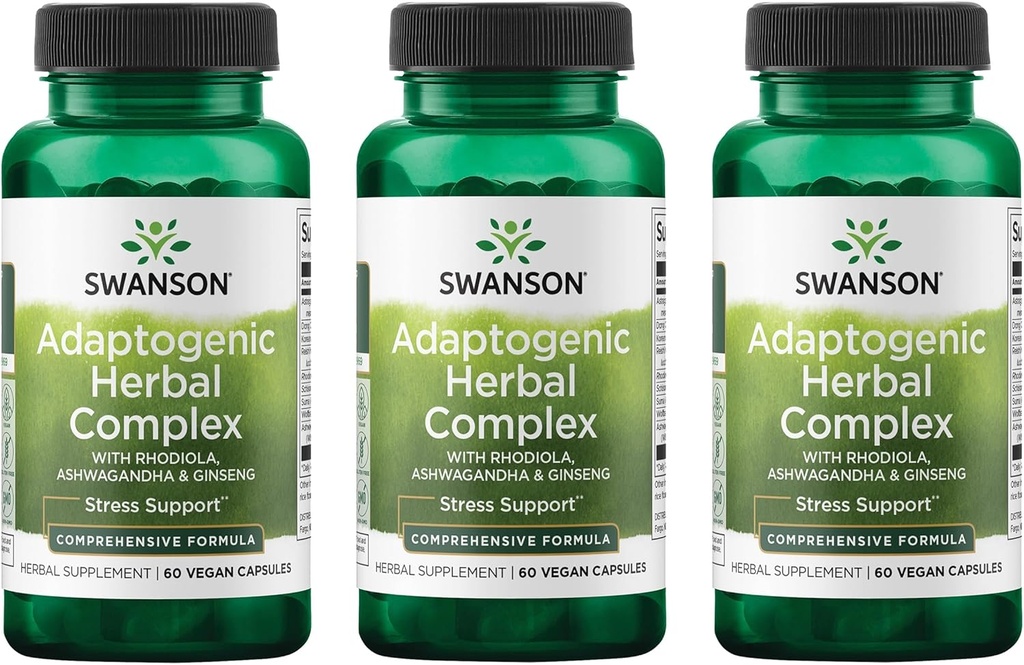 Swanson Rhodiola Ashwagandha Ginseng Complex Mood Energy Immuunitoiminta Hermosto Stressi tuki Adaptogen Herb täydentää 60 kapselia (3 pakkaus)