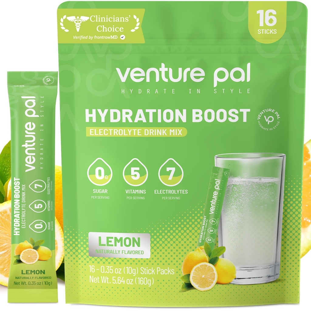 Venture Pal Sugar Free Electrolyte Powder Packets - Liquid Daily IV Drink Mix för snabb Hydration & Party Recovery | 5 Vitaminer & 7 Electrolytes | Keto Friendly | Non-GMO | Certified Vegan | 16 Sticks