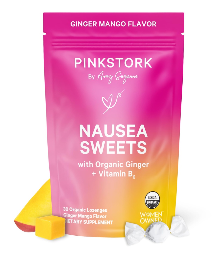 Rosa Stork Organic Mango Sweets med vitamin B6 för Morning Sickness och Motion Sickness, Added Ginger & Vitamin B6, 1st Trimester Graviditet måste ha - 30 Wrapped Candies