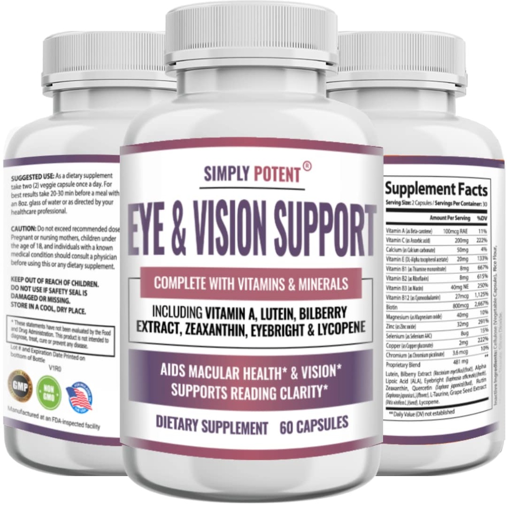 Lutein & Zeaksantiini Silmien terveys täydentää aikuisille, Natural Eye & Vision Formula w/Vitamin A, Lutein, Zeaksantiini, Bilberry Extract, Eyebright & Lycopene for Retina & Lens 60 Caps