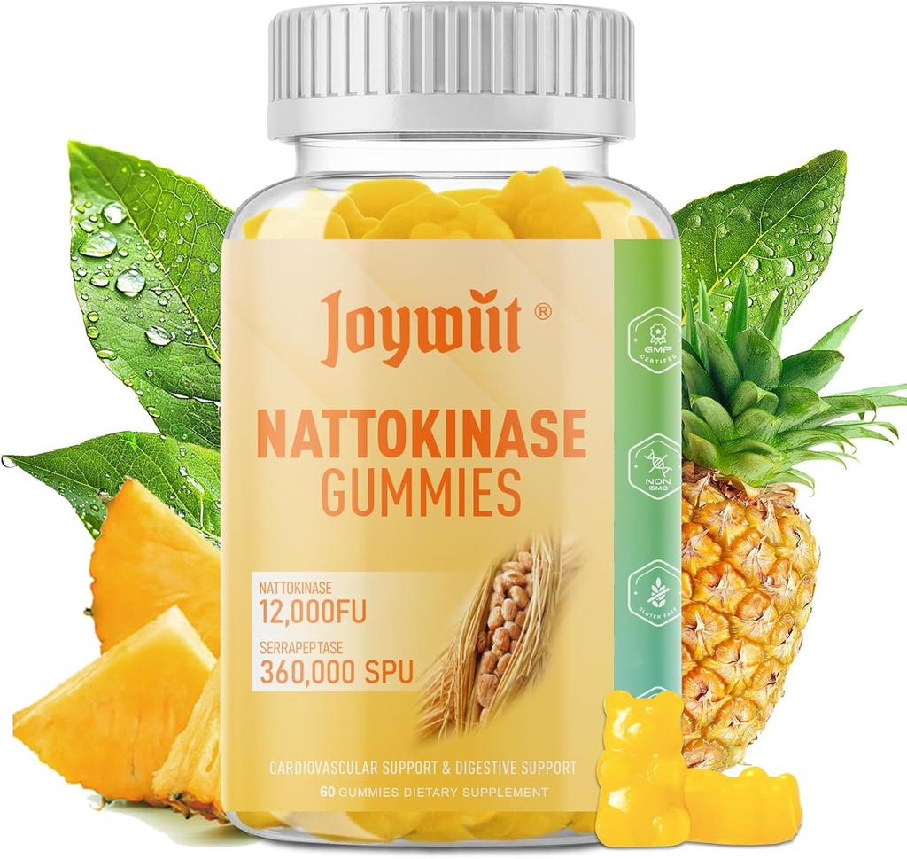 Nattokinaasi Gummies 12,000 FU, Serrapeptaasi Gummies 360,000 SPU Enzyme -lisä, jossa on bromelaiini Papain ja inuliini Circulatory, Gut, Digestion Support, Vegan, Non GMO, 60