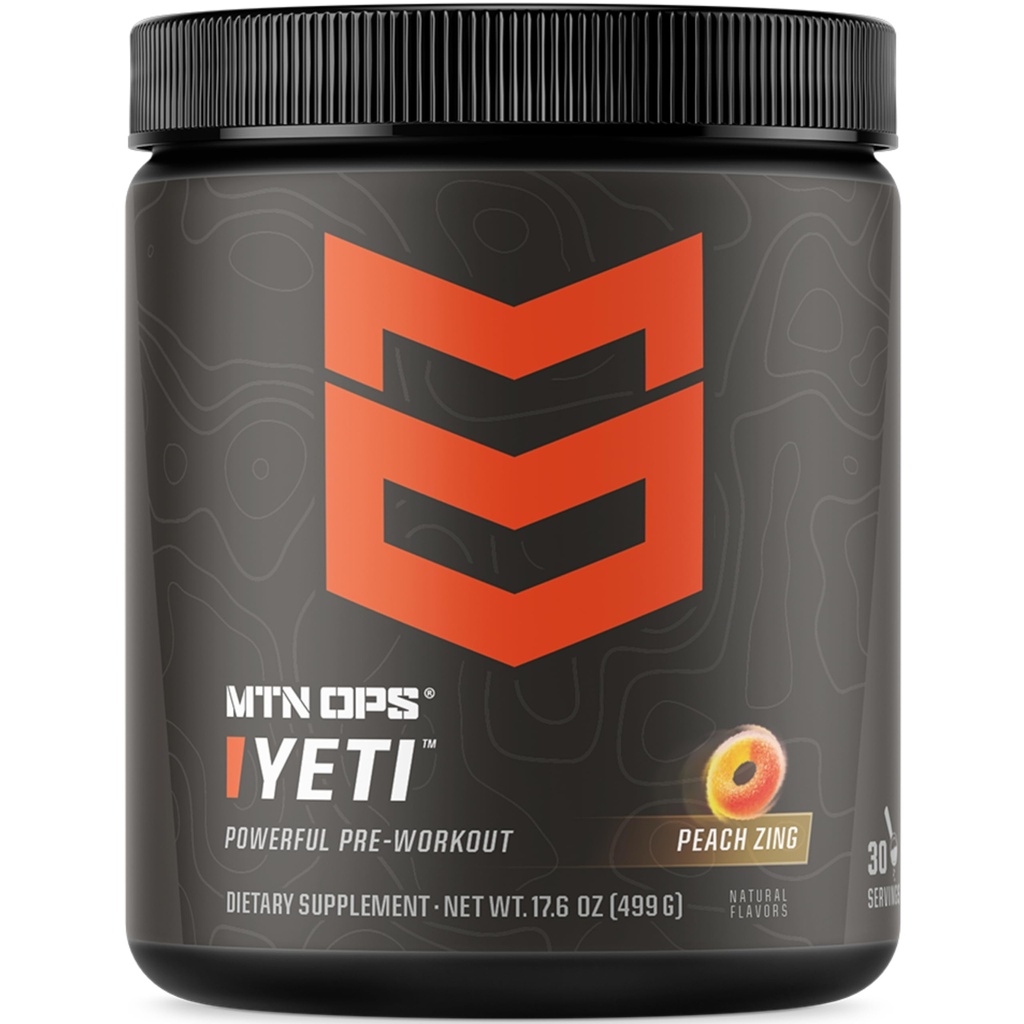 MTN OPS Yeti Pre-Workout Powder Energy Drink with Creatine, 200 mg kofeiini ja BCAAs Beta Alanine, 30-Serving Tub, Peach Zing