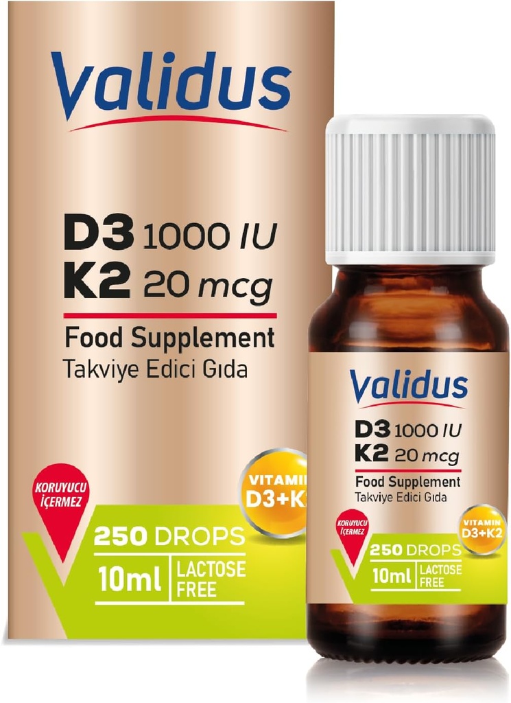VALIDUS D3K2-vitamiinin tiput ... Korkeatehoinen D3-vitamiini + K2 MK-7, 250 nestepisaraa, tehostettu absorptio luun ja sydämen terveyteen, tukee immuunitoimintaa, ei-muuntogeenisiä organismeja, Gluteeniton, helppo käyttää, 10 ml