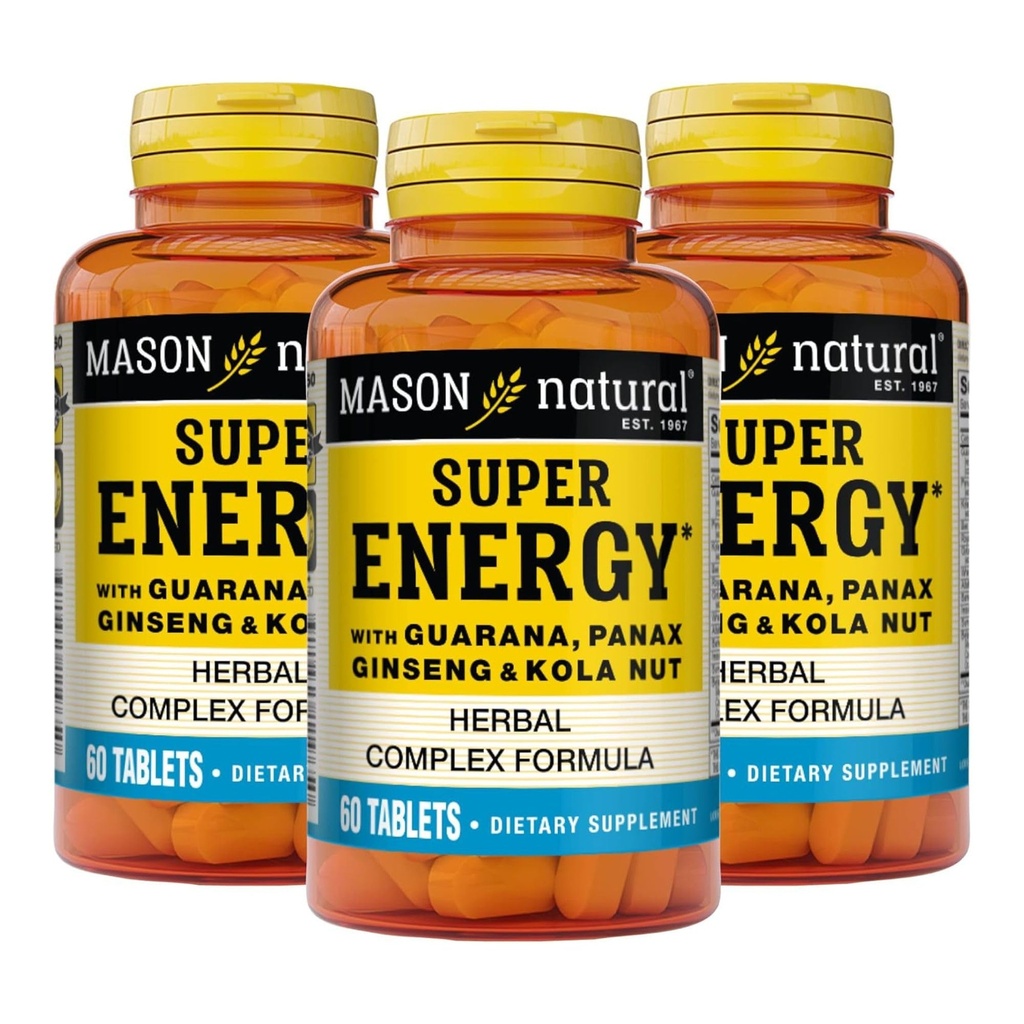 MASON NATURAL Super Energy, Valmistettu Guarana, Panax Ginseng & Kuola Nut Optimal Performance & Energy, 90 päivän toimitus, 60 tablettia (paketti 3)