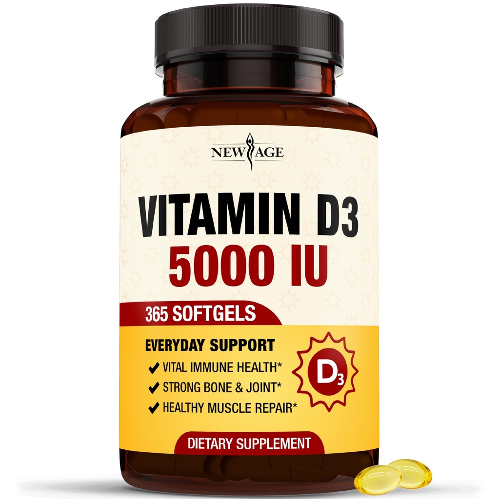 NEW AGE D3-vitamiini 5000 IU 125 mcg Softgels - Tuki immuunituki, vahva luun terveys - ei-GMO, gluteeniton, Dairy-free, 1 vuosi tarjonta (360 Softgels (pakkaus 1))