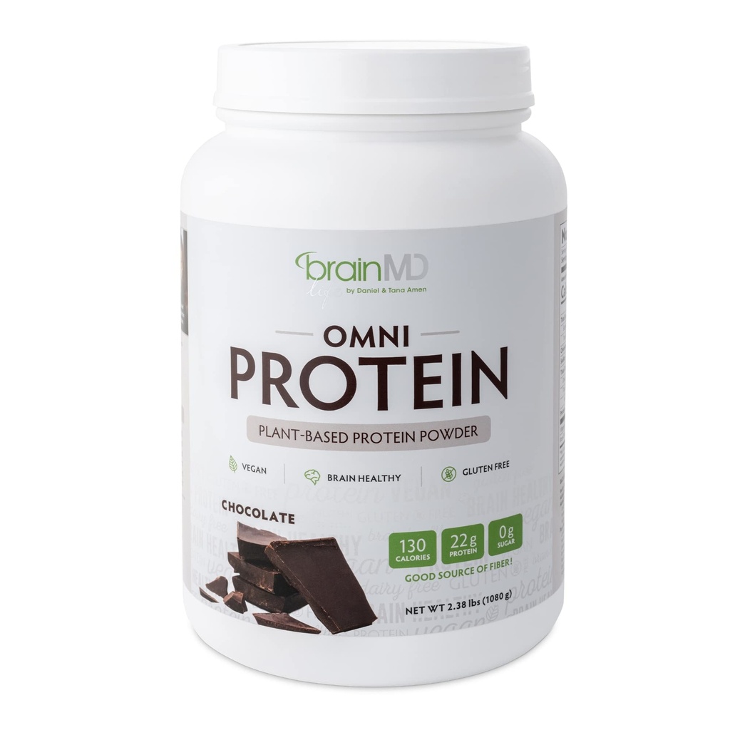 BRAINMD Dr Amen Omni Protein Chocolate - 2,38 lbs - Plant-Based Protein Powder - Edistää energian ja liikunnan hyödyntämistä - Vegaaninen, kasvissyöjä, Sokeriton, Gluteeniton - 30 tarjoilua