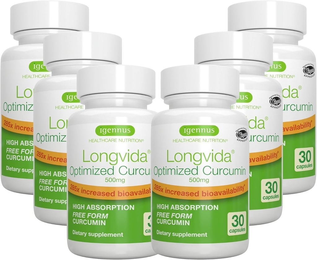 Igennus Longvida Lipidated Curcumin 500mg, Ultra Biosavidence & Sided Action, 65x Korkeammat plasmatasot, Intensive Support, Free Form Curcumin, Vegan, 180 kapselia