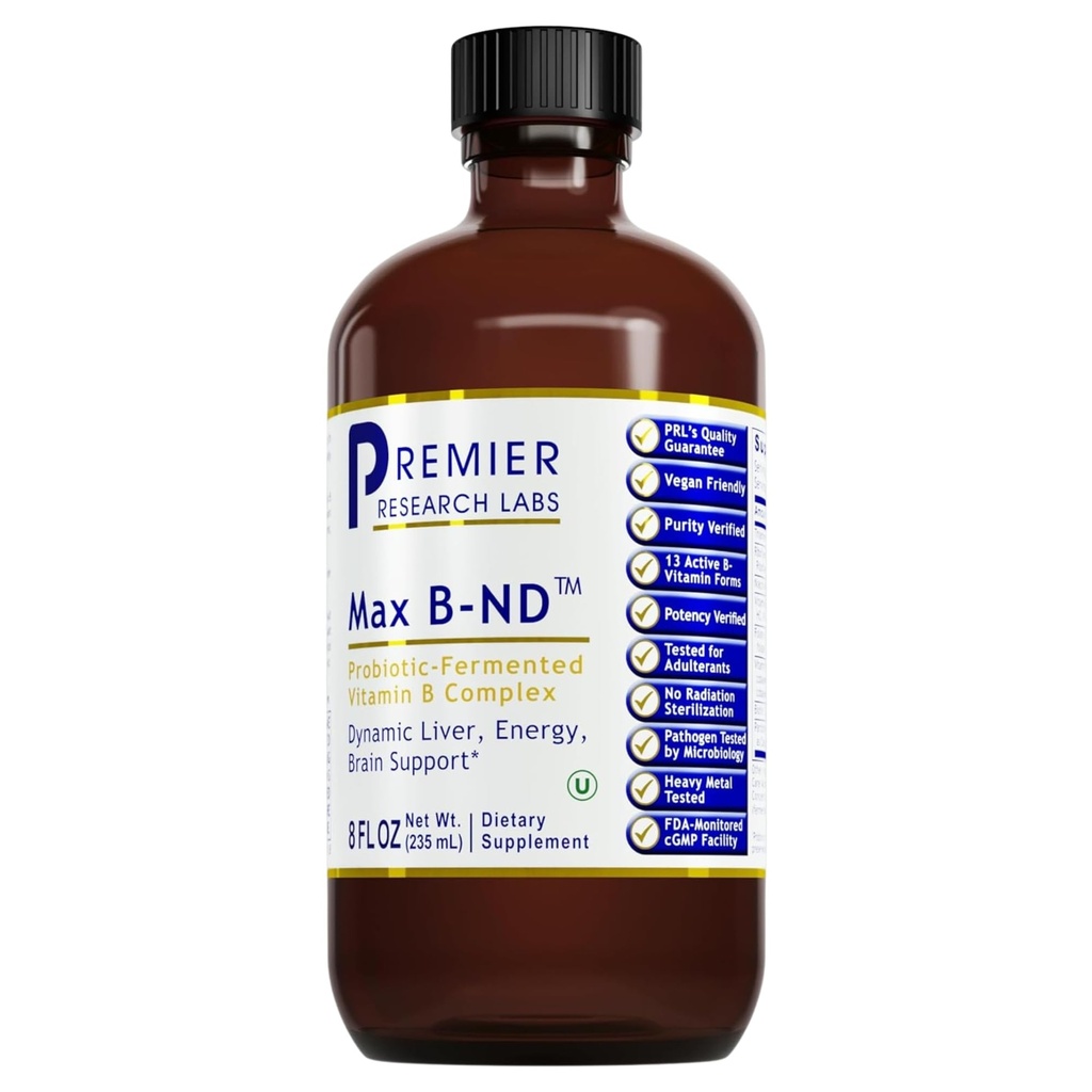 Premier Research Labs Max B-ND - Liquid Vitamin B Complex för lever och hjärnhälsa, sublingual droppar för män och kvinnor med tiamin, B12 & B6-8 Fl Oz flaska