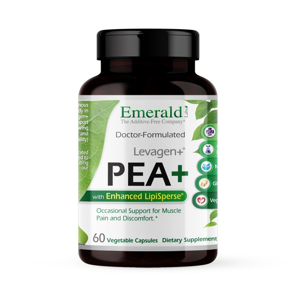 Emerald Laboratories Pea+ with Levagen+ - Support Joint & Muscle Health with Meriva Curcumin, OptiMSM & Levagen+ Pea* - Ei-GMO, Vegaani, Gluteeniton - 60 kasviskapselia