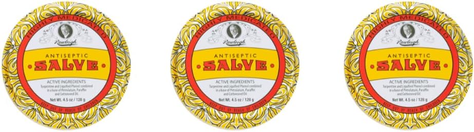 Rawleigh Antiseptic Salve Iconic Yellow Big Tin: 4,5 oz, Multi-Purpose Ointment Soothes Cuts, Bruises, Irritationer, med Turpentine, Phenol, Cottonseed Oil & Paraffin, Original Formel - Pack med 3