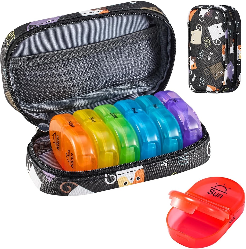 Serfeymi Weekly Travel Pill Organizer 2 Times A Day AM PM Uppgraderad Rainbow Pill Box 7 Dag med Portable Zipper PU Leather Pill Case, Medicine Organizer för piller, vitaminer, fiskoljor - Svart 02