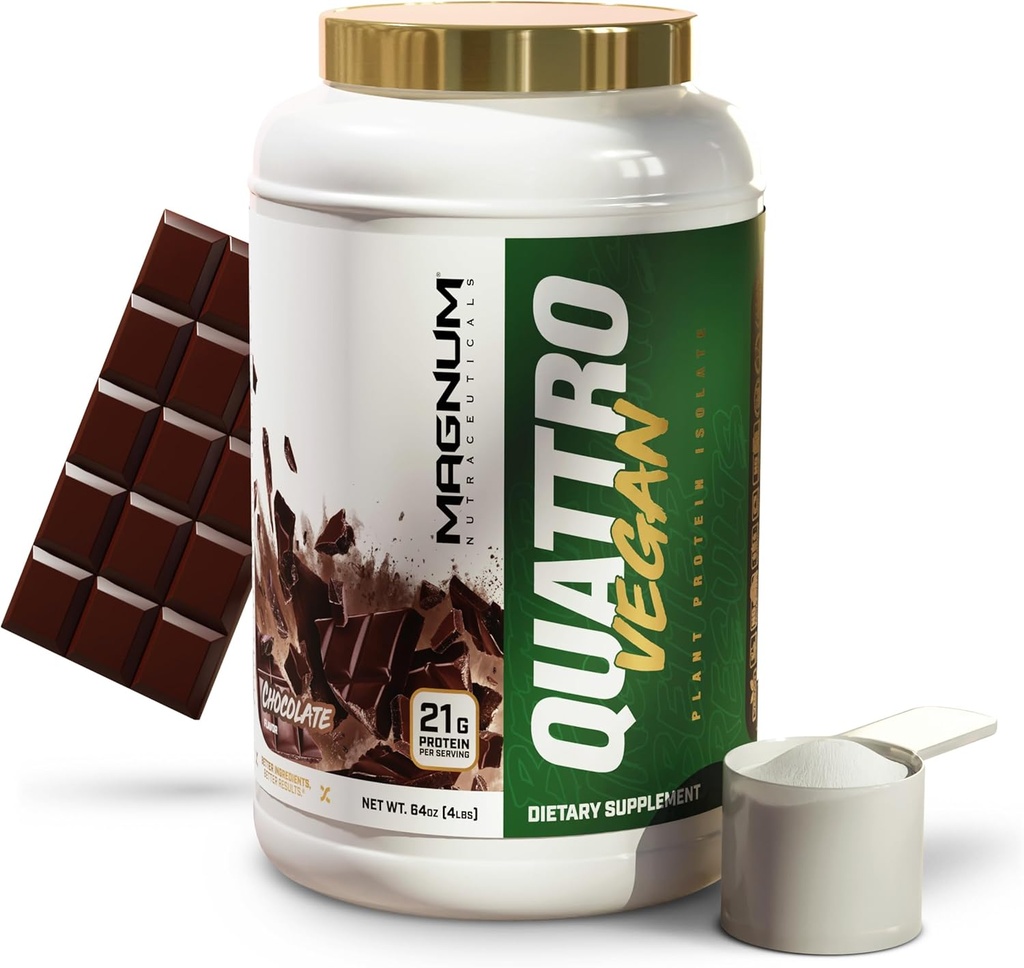 Magnum Nutraceuticals Quattro Vegan Protein Powder, Chocolate 2lb ... Premium Plant-Based Protein Powder Isolate for Muscle Growth & Recovery