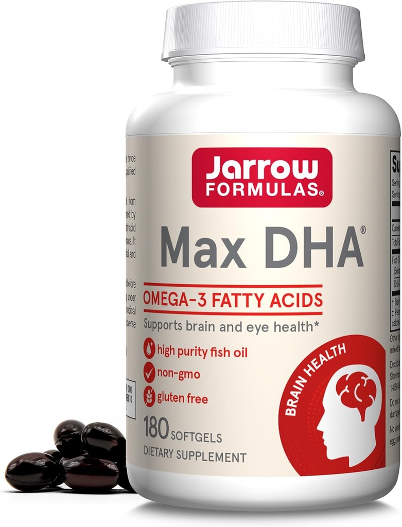 Jarow Formula MaxDHA - 180 Softgels - Korkea puhtaus kalaöljy - täydentää tukee aivot ja silmät terveys - väkevä Omega-3 rasvahapot & Rikastettu DHA - 90 tarjoilut
