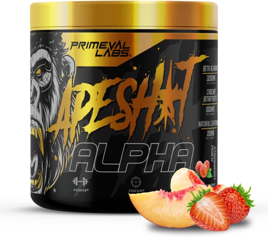 Primeval Labs Ape Alpha Natural Pre Workout för män och kvinnor | Öka uthållighet och fokus | 350mg koffein | Beta-Alanine | L citrulline | Nitric Oxide Booster | Strawberry Peach, 40 portioner