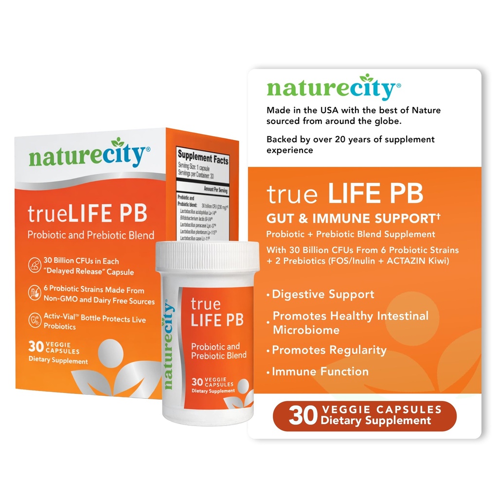 NatureCity True-Life-PB hylly Stable Blend Prebiootit ja probiootit naisille ja miehille - Ruoansulatus Gut Health täydentää naisten ja miesten - Dairy Free - (30 kasviskapselit)