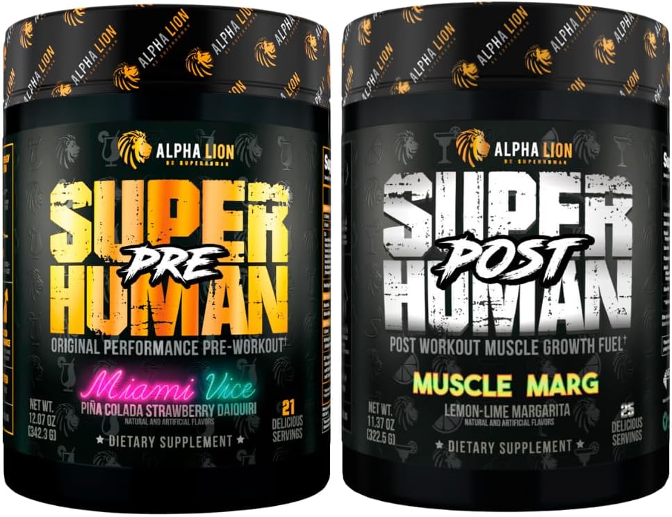 AAKKOSELLINEN LION Superhuman Pre workout Powder & Post Treout Recovery Bundle, jatkuva energia & Focus + lean lihasten kasvu, vahvuus & tilavuus (Miami Vice & Muscle Marg)