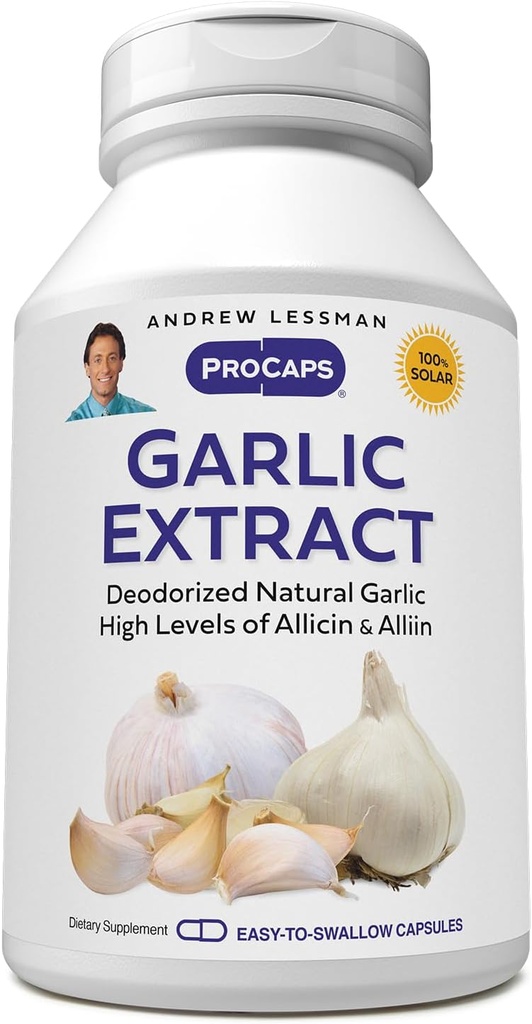 Andrew LESSMAN Valkosipuliuute - 180 kapselia - Deodorised Natural Valkosipuliuute. Suojaavat rikkipitoiset yhdisteet. Puhdasta, hellää, Odorless. Ei jälkimakua, ei vatsavaivoja, ei lisäaineita