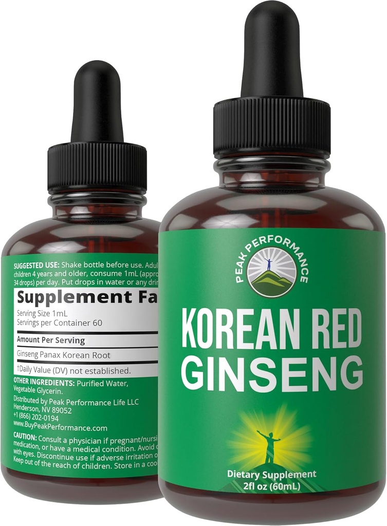 Koreanska Red Ginseng Liquid Drops med Pleasant Taste. från Panax Korean Root Extract för energi, Stamina, Focus. Vegan Nootropic, Zero Sugar Oil Tincture Herbal Supplement för män och kvinnor