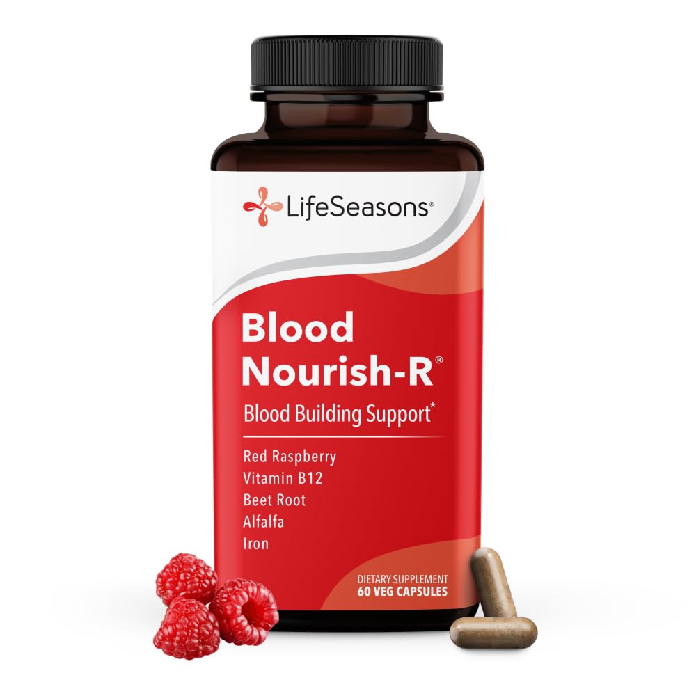 LifeSeasons Blood Nourish-R - Iron Deficiency Supplement - Stöder Anemi, Trötthet, Paleness & Dizziness - Ingen förstoppning - Blodbyggnad - Järn, Alfalfa, Raspberry & Vitamin B-12-60 kapslar