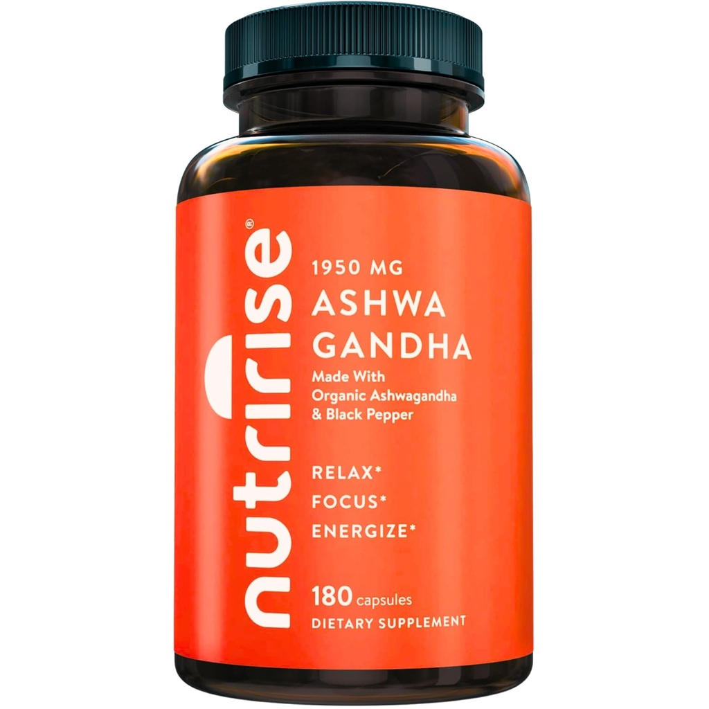 NutriRise Organic Ashwagandha Root Capsules med Black Pepper 1950mg, Natural Stress & Mood, Thyroid & Immune Support Supplement, Sleep Aid, Clarity, Focus & Energy, Gluten Free, 180 Count