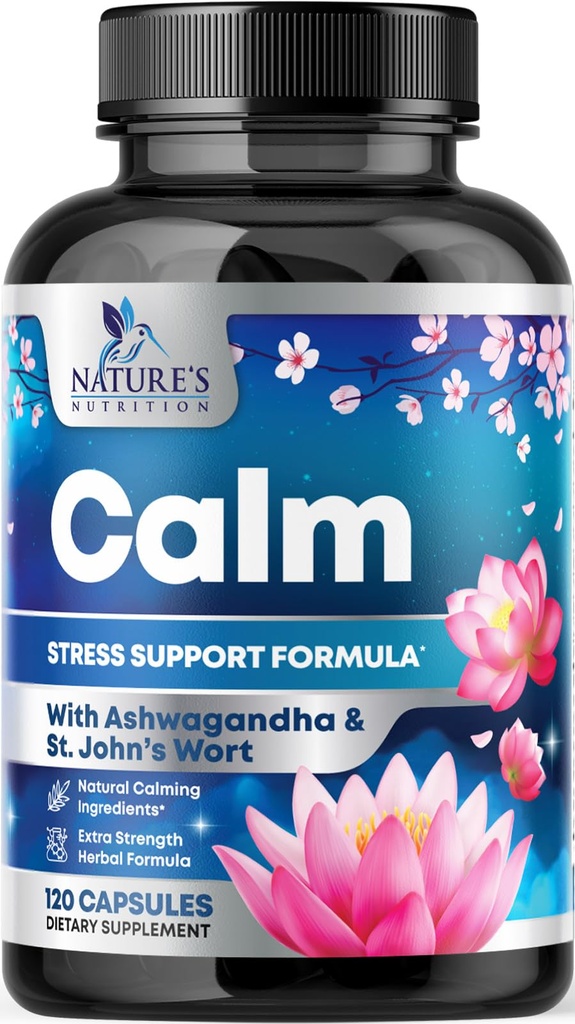 Natural Calm, Unwind & Relax Support - Ashwagandha, GABA, Magnesium, L-Theanine & More - Natural Focus, Energy & Immune Support - Nature's Non-GMO, Vegan, Gluten Free, Bottled i USA - 120 kapslar