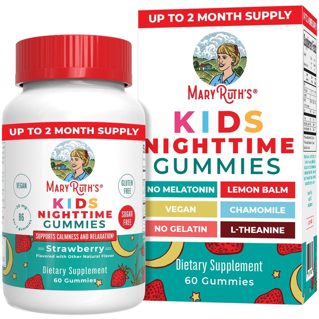 MaryRuth Organics Kids Nighttime Gummies | Sugar Free | NO Melatonin med L Theanine, Lemon Balm, Chamomile, Vitamin B6 | Avslappningsstöd för barn 2 + | Vegan | Non-GMO | Gluten Free | 60 greve