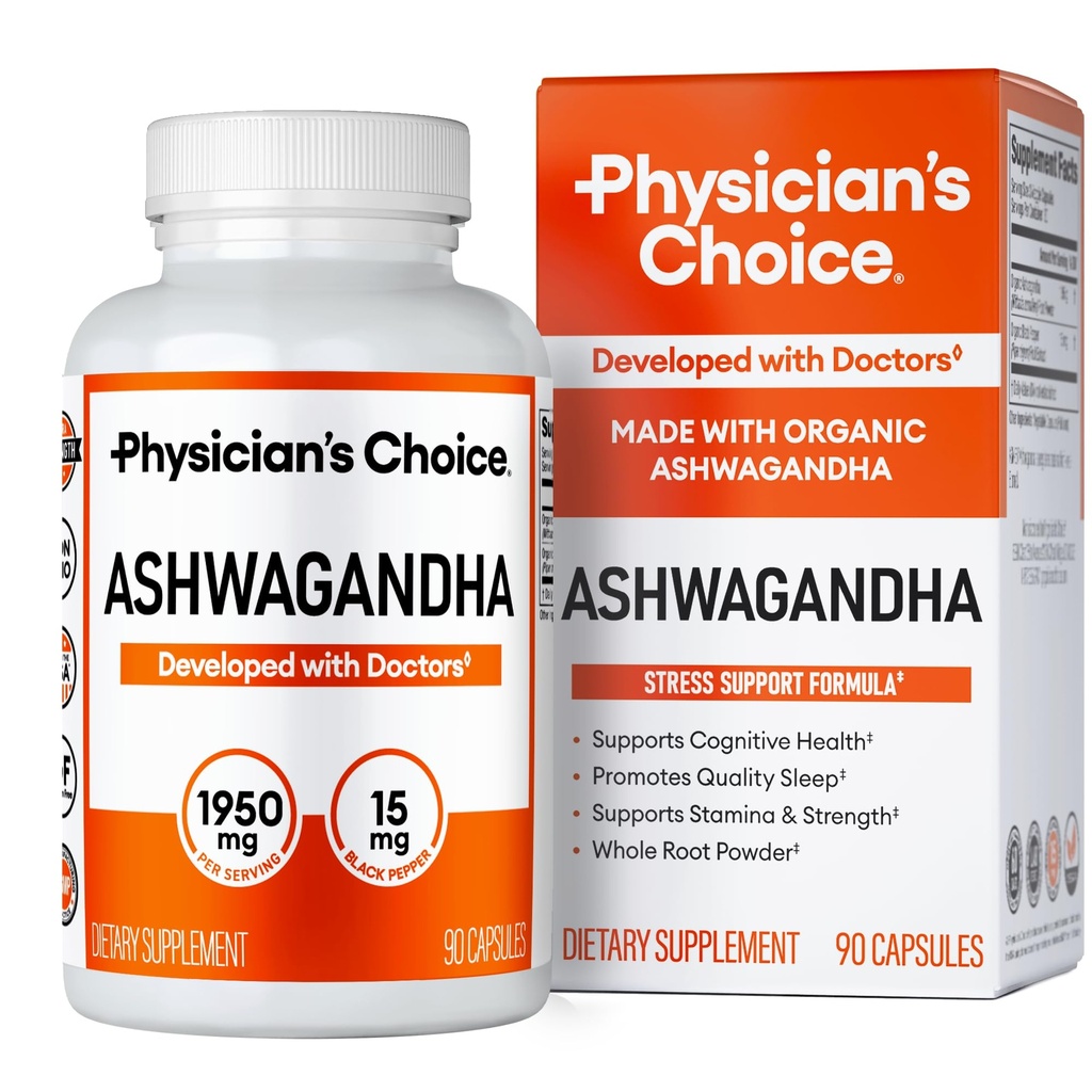 Läkarens CHOICE Ashwagandha Supplement - 1950mg Bioavailable Organic Ashwagandha Root Powder - Black Pepper Extract, Stress Support, Mood Support Supplement, 90 Veggie Ashwagandha Capsules