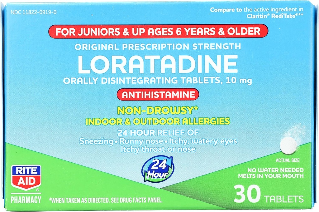 Rite Aid Kid's Non-Drowsy Allergy Relief, Loratadine 10mg, Mint Flavor - 30 tabletter | Orally Disintegrating Tabs | Ålder 6 och äldre