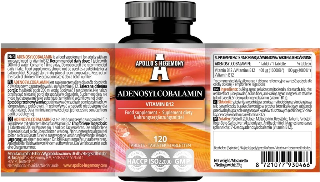 APOLLO's HEGEMONY Adenosylcobalamin 120 tablettia - Optimaalinen Biosabletable B12-vitamiini tehostettuun energian aineenvaihduntaan - 480 tarjoilua - ruokavalion täydennys