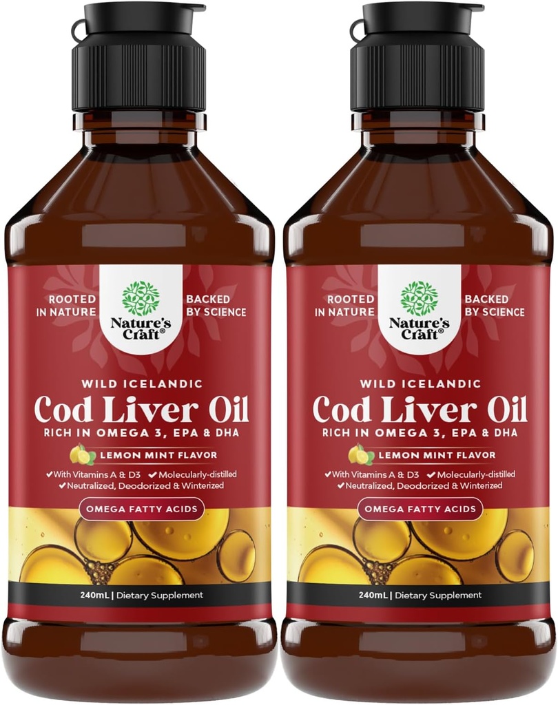 Icelandic Wild Caught Cod Liver Oil Liquid - Fish Oil Drops med Omega 3, EPA, DHA, Vitamin D & A - Liquid Cod Liver Supplement för hjärta, gemensam, Brain & Immune Support - 240 ml (8 Ounce) 2 Pack