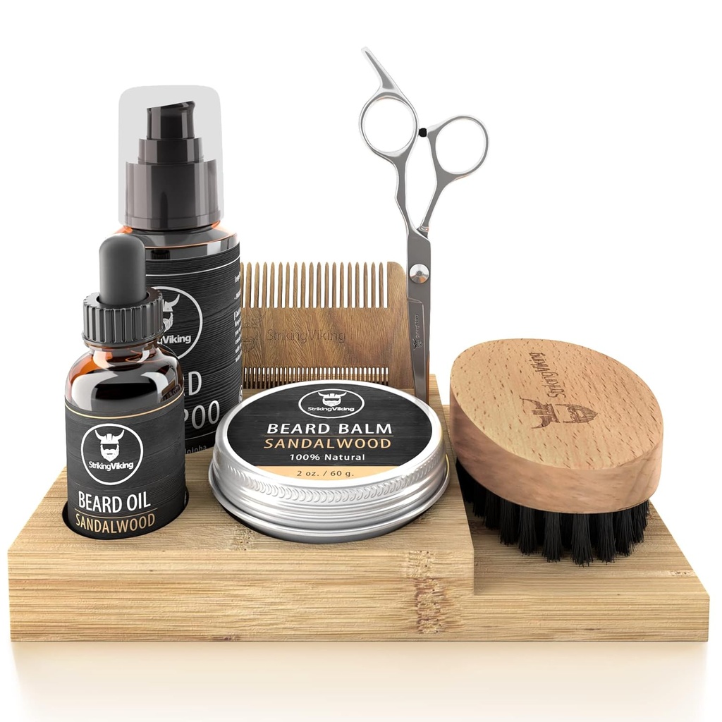 Striking Viking Beard Growth Kit - 7-Piece Set, Sandalwood Scent & Caddy - Oil & Balm med Beard Brush, Dual-Sided Comb & Scissors plus Mustache Comb för Grooming & Styling
